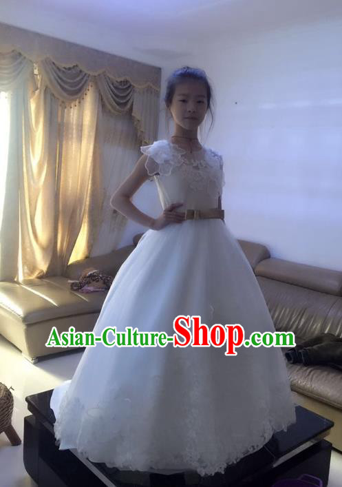 Top Grade Chinese Compere Professional Performance Piano Recital Catwalks Costume, Children Chorus Flowers Fairy White Wedding Bubble Formal Dress Modern Dance Baby Princess Trailing Long Dress for Girls Kids