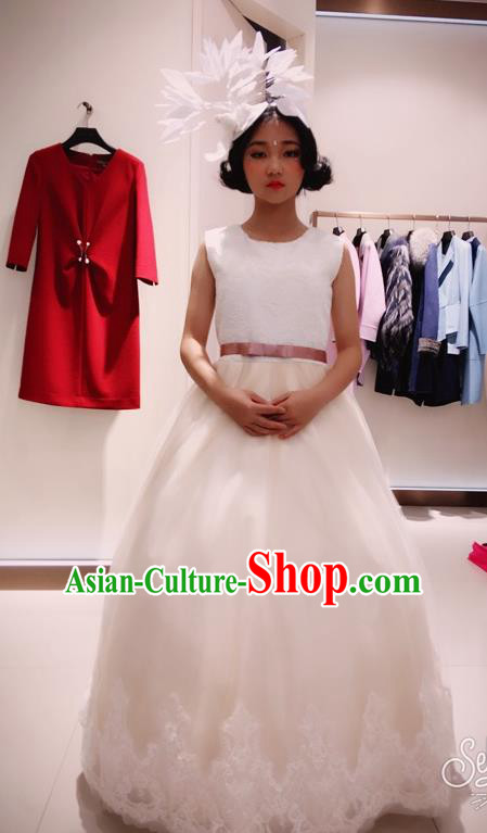 Top Grade Chinese Compere Professional Performance Piano Recital Catwalks Costume, Children Chorus Luxury Wedding Veil Bubble Formal Dress Modern Dance Baby Princess Trailing Long Dress for Girls Kids