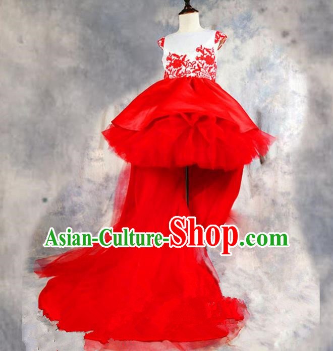 Top Grade Chinese Compere Professional Performance Catwalks Costume, Children Chorus Luxury Red Wedding Bubble Formal Dress Modern Dance Baby Princess Long Trailing Dress for Girls Kids