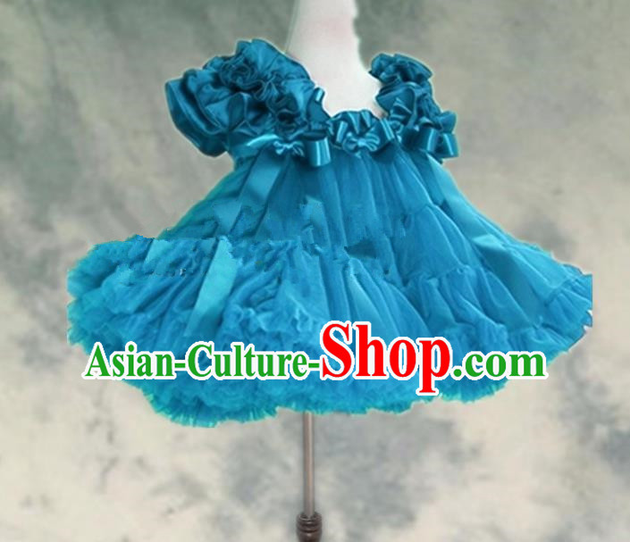 Top Grade Chinese Compere Professional Performance Catwalks Costume, Children Chorus Peacock Blue Bubble Formal Dress Modern Dance Baby Princess Veil Short Dress for Girls Kids