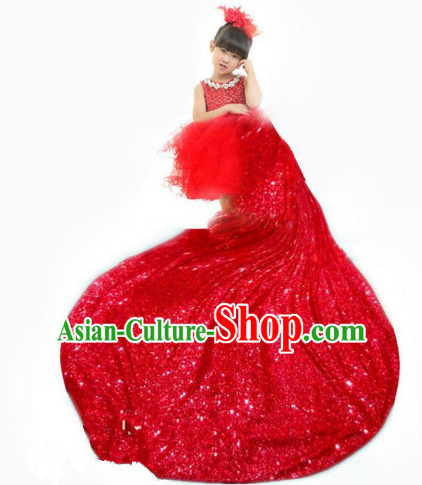 Top Grade Chinese Compere Professional Performance Christmas Catwalks Costume, Children Chorus Luxury Red Wedding Formal Dress Modern Dance Baby Princess Long Trailing Dress for Girls Kids