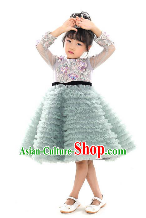 Top Grade Chinese Compere Professional Performance Catwalks Costume, Children Chorus Embroidering Flower Wedding Formal Dress Modern Dance Baby Princess Bubble Dress for Girls Kids