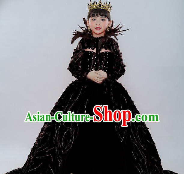 Top Grade Chinese Compere Professional Performance Catwalks Costume, Children Chorus Palace Queen Wedding Black Formal Dress Modern Dance Baby Princess Long Trailing Dress for Girls Kids