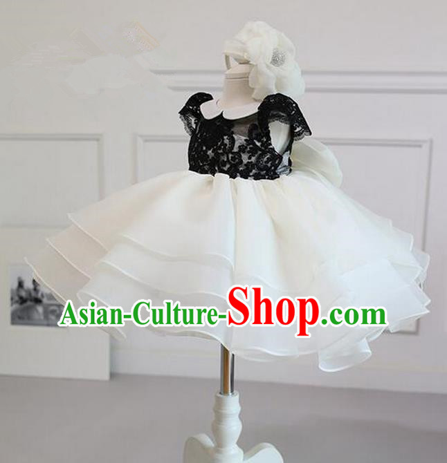 Top Grade Compere Professional Performance Catwalks Costume, Children Chorus White Lace Bubble Formal Dress Modern Dance Baby Princess Short Dress for Girls Kids