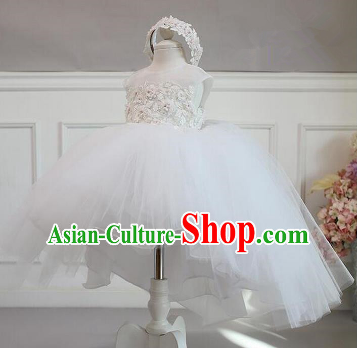 Top Grade Compere Professional Performance Catwalks Costume, Children Chorus White Flowers Veil Bubble Formal Dress Modern Dance Baby Princess Short Dress for Girls Kids