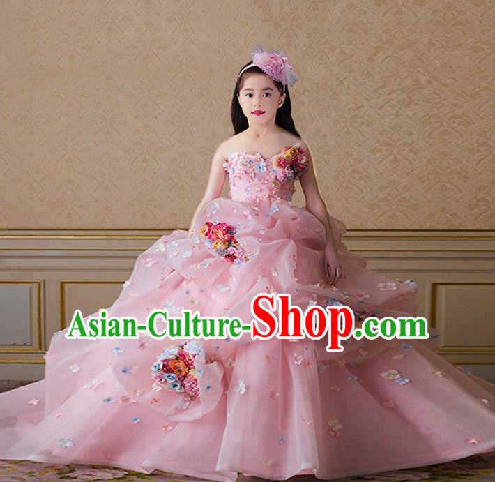 Top Grade Compere Professional Performance Catwalks Costume, Children Chorus Pink Flowers Multilayer Veil Bubble Formal Dress Modern Dance Baby Princess Big Swing Long Dress for Girls Kids