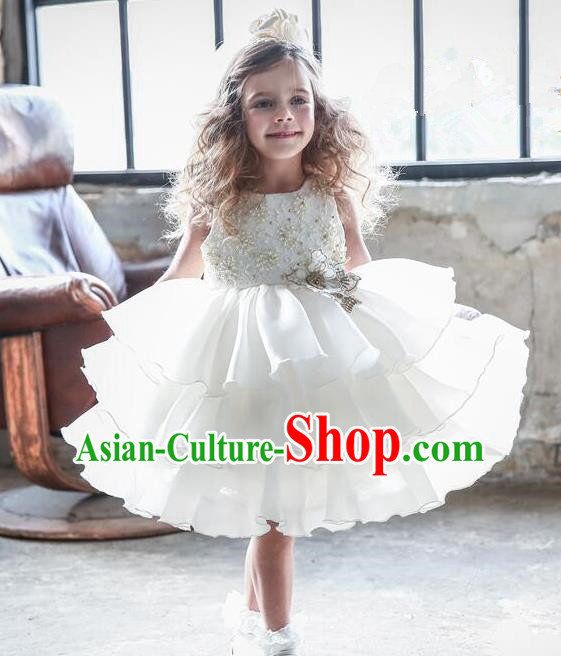 Top Grade Compere Professional Performance Catwalks Costume, Children Chorus White Beads Multilayer Veil Bubble Formal Dress Modern Dance Baby Princess Short Dress for Girls Kids