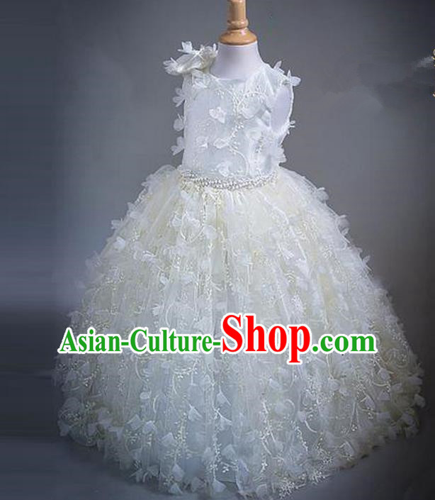 Top Grade Compere Professional Performance Catwalks Costume, Children Chorus White Bowknot Veil Bubble Formal Dress Modern Dance Baby Princess Big Swing Long Dress for Girls Kids