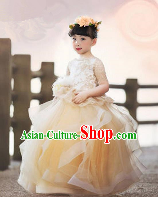 Top Grade Compere Professional Performance Catwalks Costume, Children Chorus Golden Flowers Multilayer Veil Bubble Formal Dress Modern Dance Baby Princess Big Swing Long Dress for Girls Kids