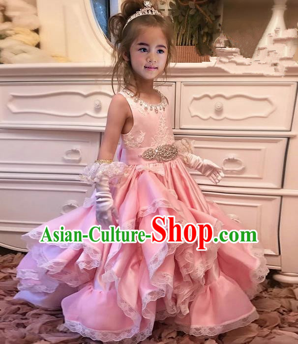 Top Grade Compere Professional Performance Catwalks Costume, Children Chorus Pink Crystal Lace Multilayer Veil Bubble Formal Dress Modern Dance Baby Princess Big Swing Long Dress for Girls Kids