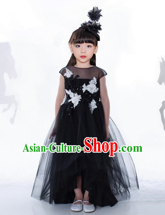 Top Grade Compere Professional Performance Catwalks Costume, Children Chorus Black Paillette Bubble Formal Dress Modern Dance Baby Princess Ball Gown Long Dress for Girls Kids