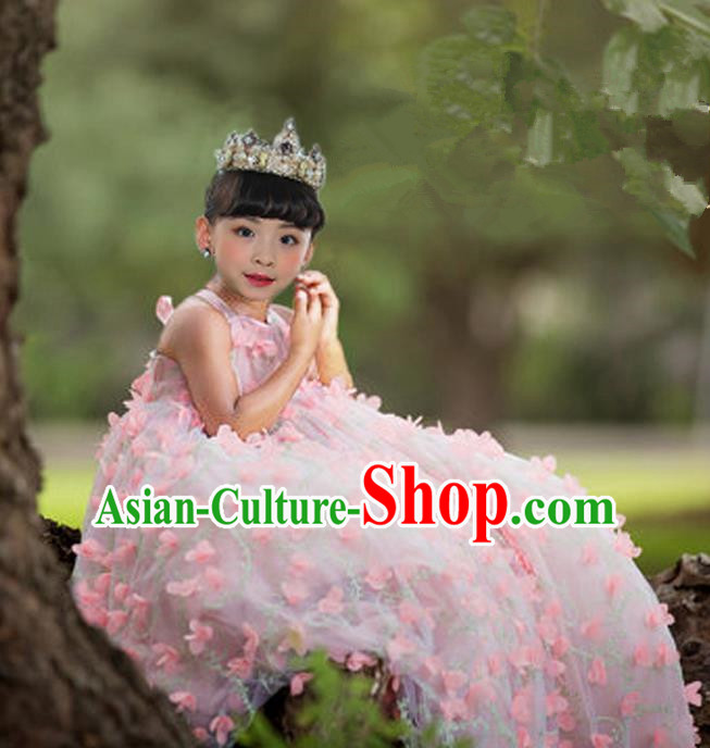 Top Grade Compere Professional Performance Catwalks Costume, Children Chorus Pink Flower Fairy Bubble Formal Dress Modern Dance Baby Princess Ball Gown Long Dress for Girls Kids