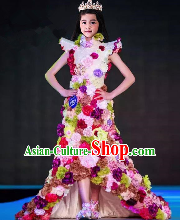 Top Grade Compere Professional Performance Catwalks Costume, Children Chorus Flower Fairy Formal Dress Modern Dance Baby Princess Ball Gown Long Trailing Dress for Girls Kids