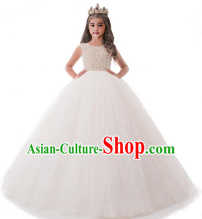 Top Grade Compere Professional Performance Catwalks Costume, Children Chorus White Pearl Formal Dress Modern Dance Baby Princess Ball Gown Trailing Dress for Girls Kids