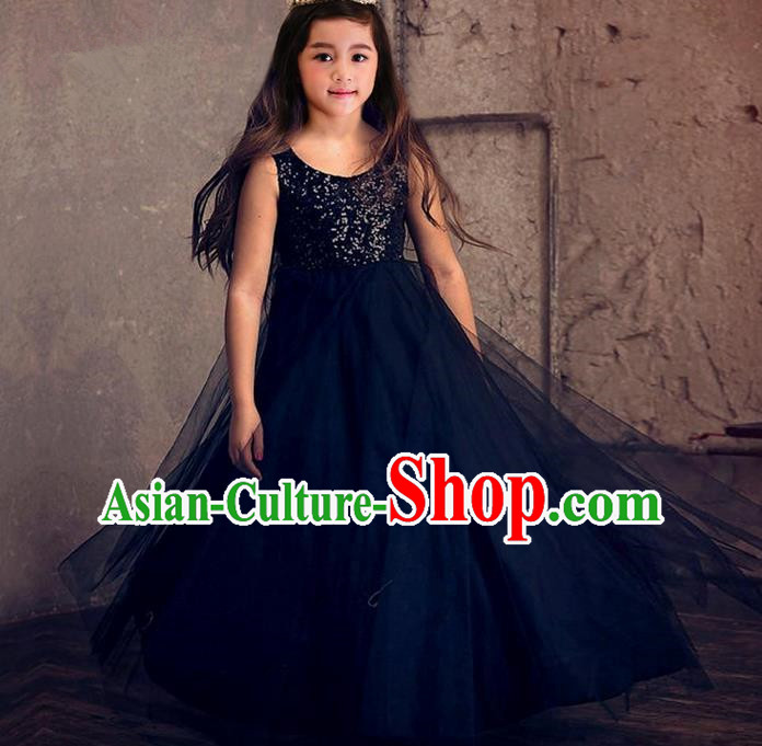 Top Grade Compere Professional Performance Catwalks Costume, Children Chorus Black Formal Dress Modern Dance Baby Princess Ball Gown Trailing Dress for Girls Kids