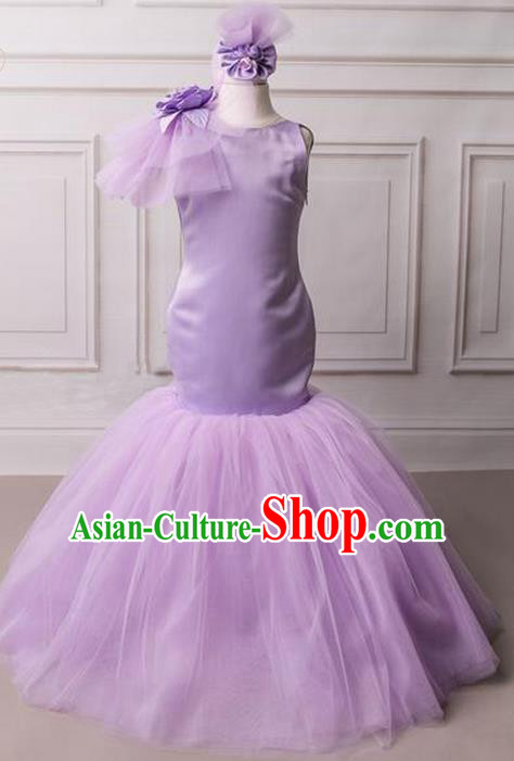 Top Grade Compere Professional Performance Catwalks Costume, Children Chorus Purple Flowers Fishtail Formal Dress Modern Dance Baby Princess Long Mermaid Dress for Girls Kids