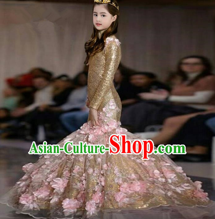 Top Grade Compere Professional Performance Catwalks Costume, Children Chorus Golden Fishtail Wedding Formal Dress Modern Dance Baby Princess Mermaid Ball Gown Long Dress for Girls Kids