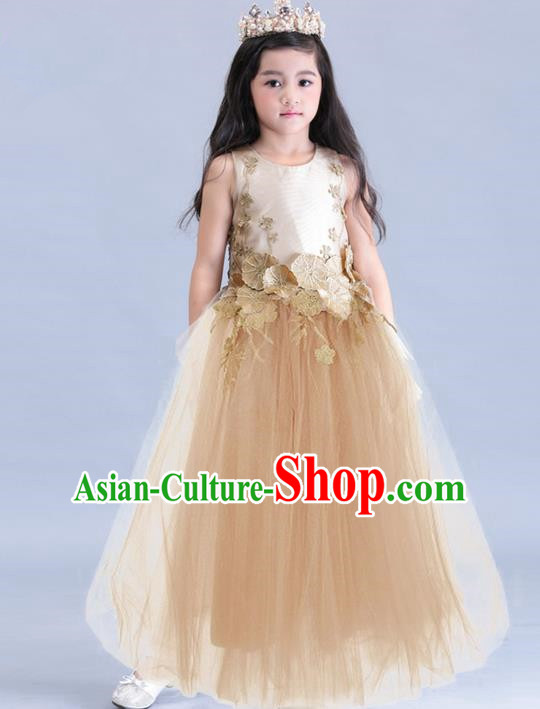 Top Grade Compere Professional Performance Catwalks Costume, Children Chorus Champagne Veil Wedding Formal Bubble Dress Modern Dance Baby Princess Ball Gown Long Dress for Girls Kids