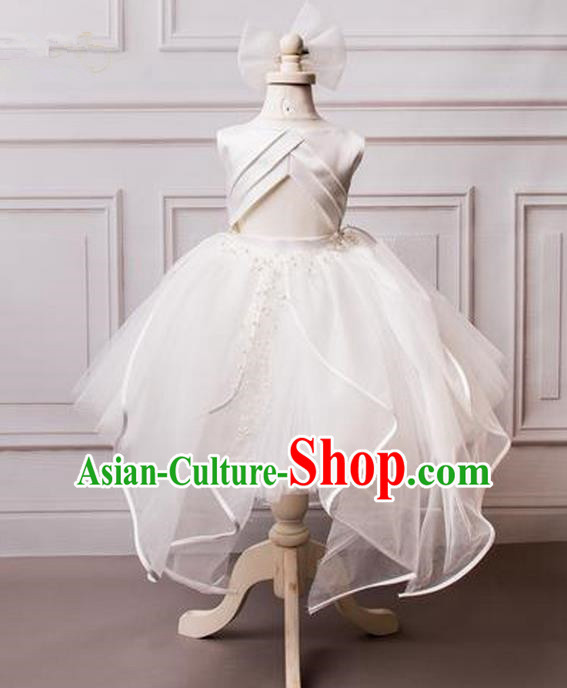 Top Grade Compere Professional Performance Catwalks Costume, Children Chorus White Wedding Veil Formal Bubble Dress Modern Dance Baby Princess Ball Gown Short Dress for Girls Kids