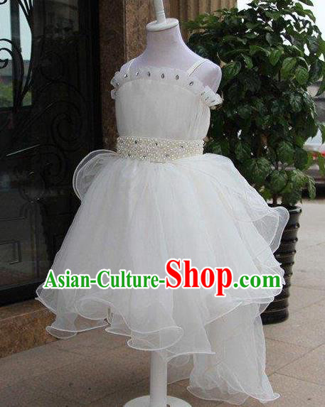 Top Grade Professional Compere Performance China Style Catwalks Costume, Children Chorus Singing Group White Bubble Full Dress Modern Dance Short Dress for Girls Kids