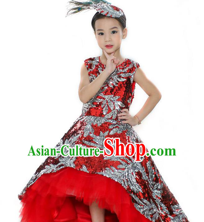 Top Grade Professional Compere Performance Catwalks Costume, Children Chorus Singing Group Red Paillette Bubble Full Dress Modern Dance Ball Gown Long Dress for Girls Kids