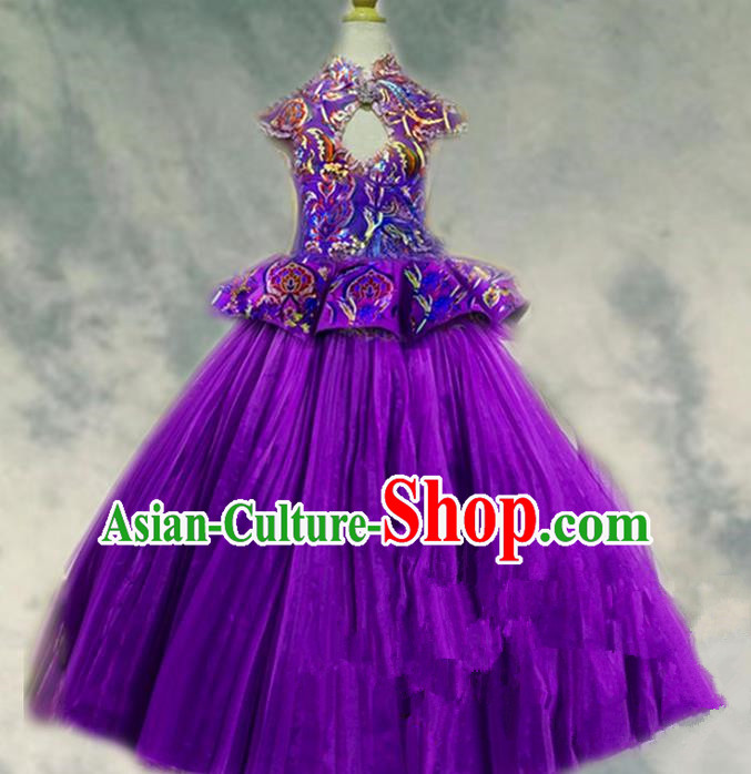 Top Grade Professional Compere Performance Catwalks Costume, Children Chorus Singing Group Purple Paillette Bubble Full Dress Modern Dance Ball Gown Long Dress for Girls Kids