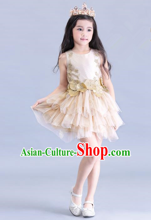 Top Grade Professional Compere Performance Catwalks Costume, Children Chorus Singing Group Champagne Bubble Full Dress Modern Dance Ball Gown Short Dress for Girls Kids