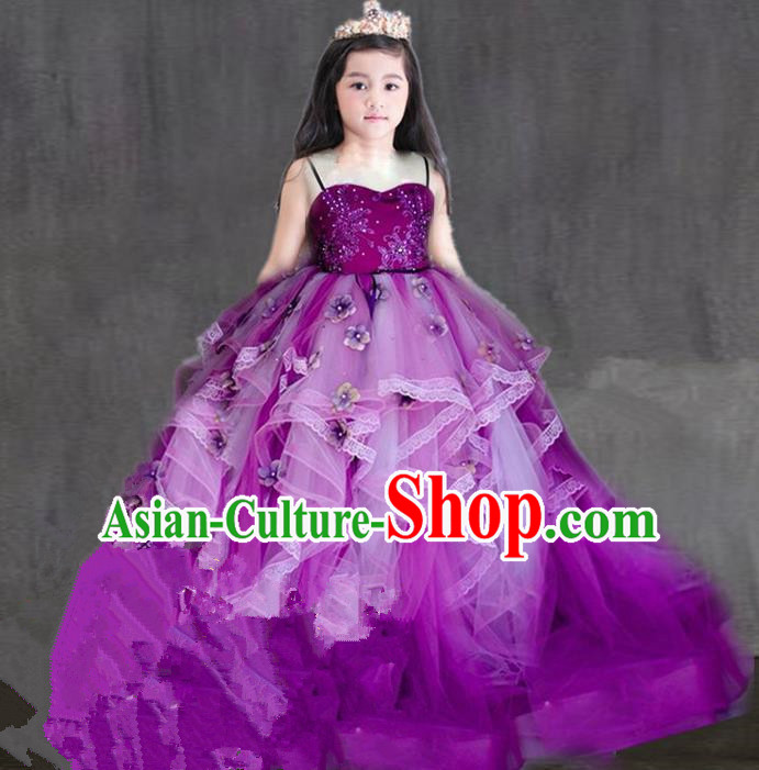 Top Grade Professional Compere Performance Catwalks Costume, Children Chorus Singing Group Purple Flowers Bubble Full Dress Modern Dance Ball Gown Long Trailing Dress for Girls Kids