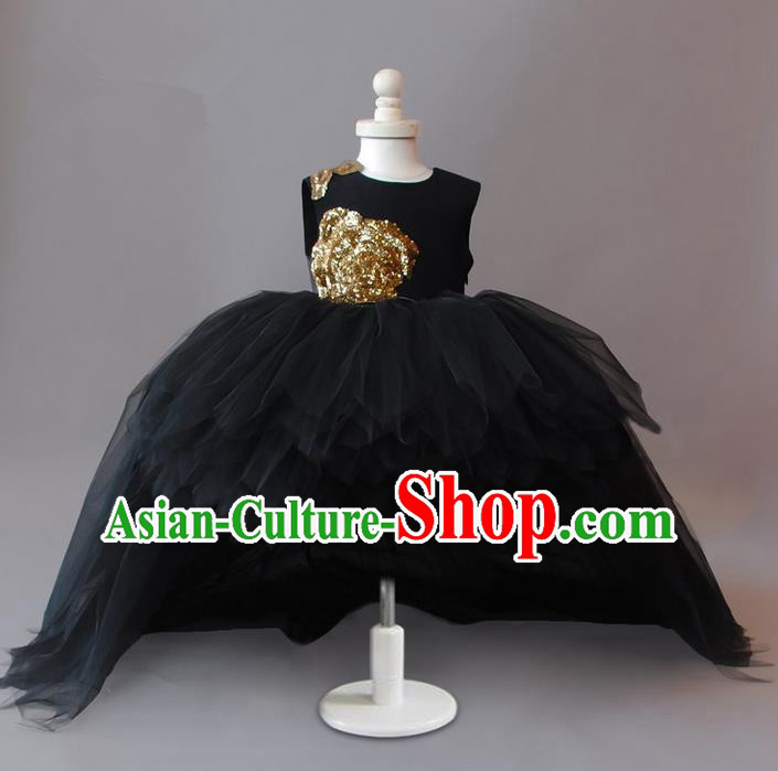 Top Grade Compere Professional Performance Catwalks Costume, Children Chorus Black Bubble Formal Dress Modern Dance Baby Princess Ball Gown Long Trailing Dress for Girls Kids