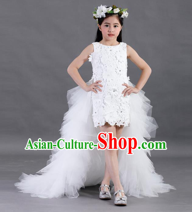 Top Grade Compere Professional Performance Catwalks Costume, Children Chorus White Lace Formal Dress Modern Dance Baby Princess Long Trailing Dress for Girls Kids