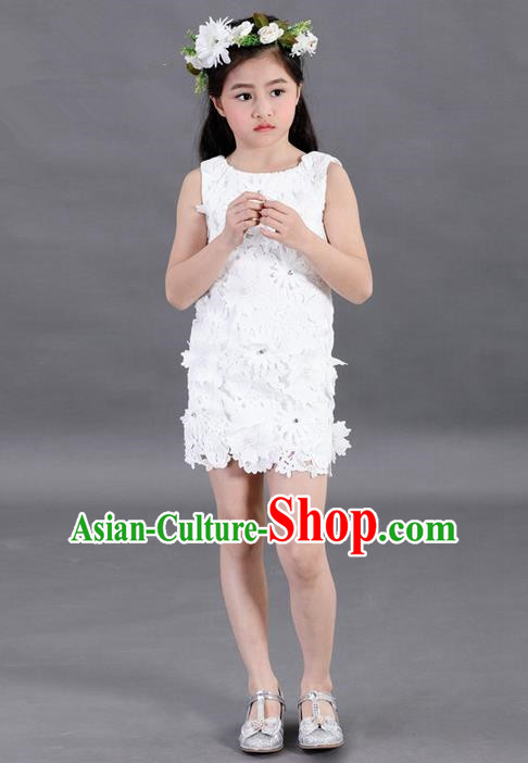 Top Grade Compere Professional Performance Catwalks Costume, Children Chorus White Lace Formal Dress Modern Dance Baby Princess Short Dress for Girls Kids