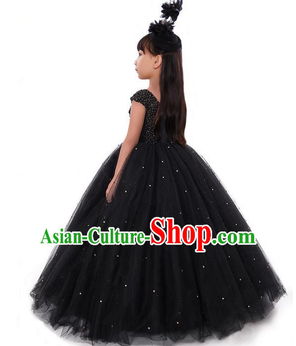 Top Grade Compere Professional Performance Catwalks Costume, Children Chorus Pearl Black Formal Dress Modern Dance Baby Princess Ball Gown Long Dress for Girls Kids