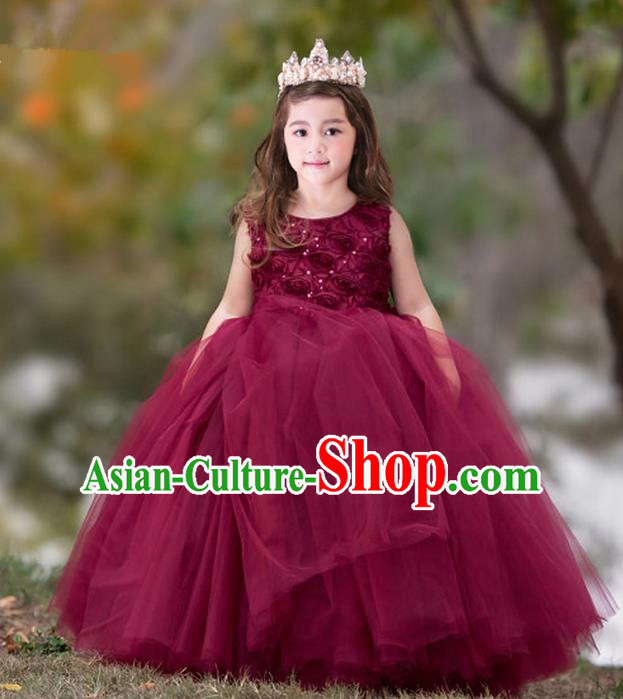 Top Grade Compere Professional Performance Catwalks Costume, Children Chorus Flower Fairy Wine Red Big Swing Wedding Veil Embroidery Formal Dress Modern Dance Baby Princess Ball Gown Long Trailing Dress for Girls Kids