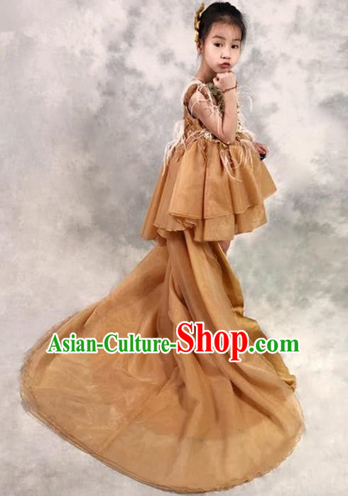 Top Grade Compere Professional Performance Catwalks Costume, Children Chorus Ostrich Feather Wedding Veil Formal Dress Modern Dance Baby Princess Ball Gown Long Trailing Dress for Girls Kids