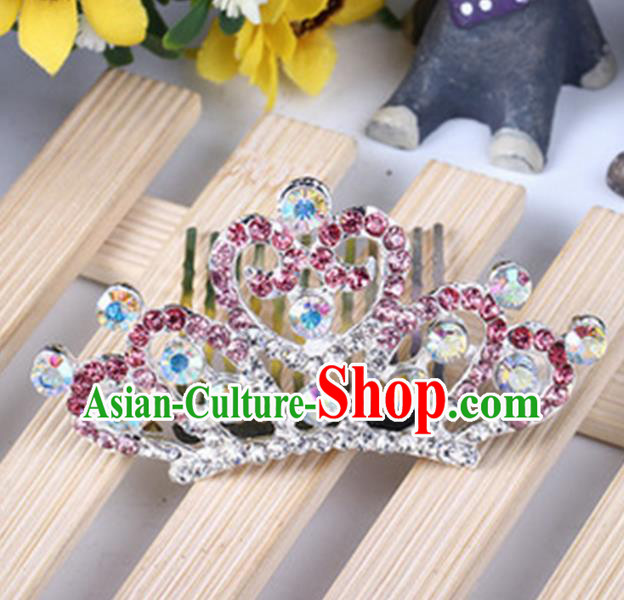 Top Grade Handmade Classical Hair Accessories, Children Baroque Style Pink Crystal Princess Royal Crown Hair Comb Jewellery for Kids Girls