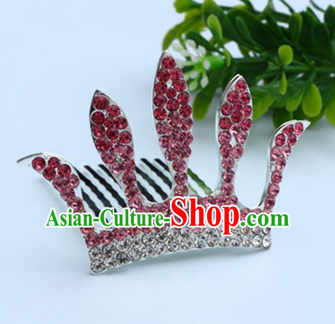 Top Grade Handmade Classical Hair Accessories, Children Baroque Style Pink Crystal Baby Princess Royal Crown Twist Inserted Comb Hair Comb Jewellery for Kids Girls