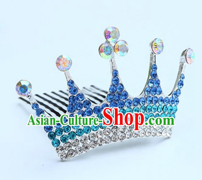 Top Grade Handmade Classical Hair Accessories, Children Baroque Style Blue Crystal Baby Princess Little Royal Crown Twist Inserted Comb Hair Comb Jewellery for Kids Girls