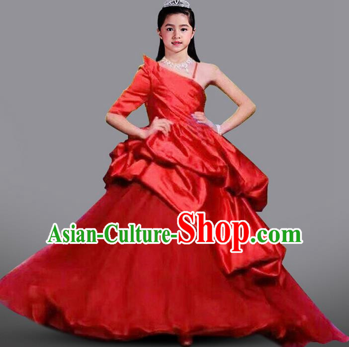 Top Grade Compere Professional Performance Catwalks Costume, Children Chorus Flower Fairy Red Wedding Veil Formal Dress Modern Dance Baby Princess Ball Gown Long Trailing Dress for Girls Kids