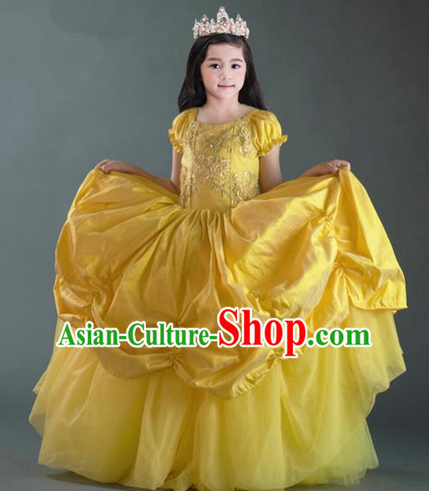 Top Grade Compere Professional Performance Catwalks Costume, Children Chorus Flower Fairy Yellow Wedding Veil Embroidery Formal Dress Modern Dance Baby Princess Ball Gown Long Trailing Dress for Girls Kids