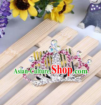 Top Grade Handmade Classical Hair Accessories, Children Baroque Style Pink Crystal Baby Princess Little Alloy Royal Crown Twist Inserted Comb Hair Comb Jewellery for Kids Girls