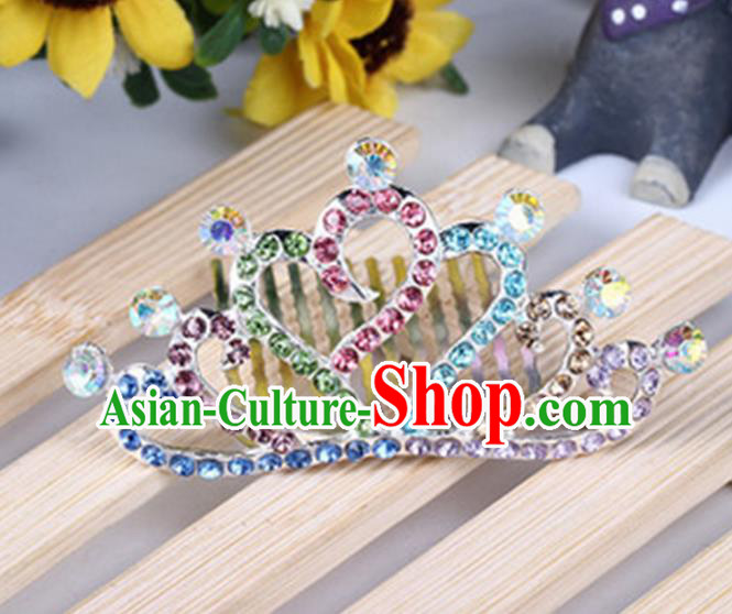 Top Grade Handmade Classical Hair Accessories, Children Baroque Style Colorized Crystal Baby Princess Little Alloy Heart-shaped Royal Crown Twist Inserted Comb Hair Comb Jewellery for Kids Girls