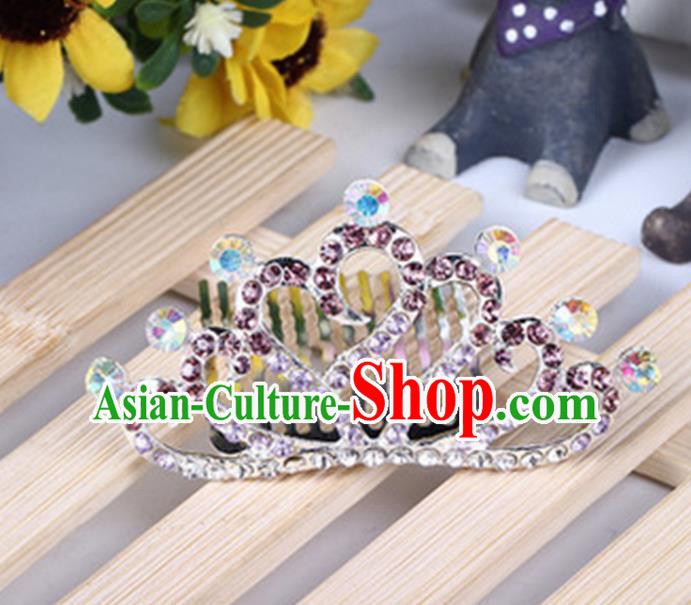 Top Grade Handmade Classical Hair Accessories, Children Baroque Style Purple Crystal Baby Princess Little Alloy Heart-shaped Royal Crown Twist Inserted Comb Hair Comb Jewellery for Kids Girls