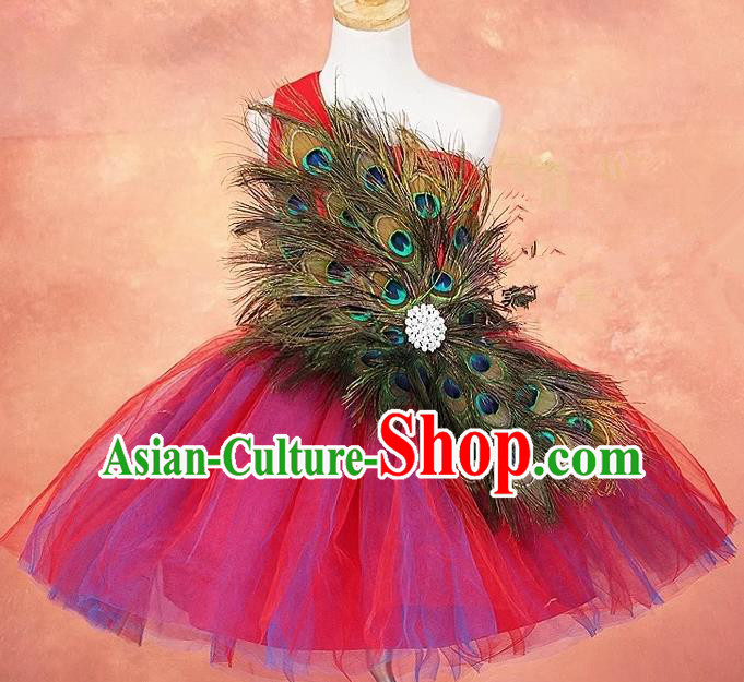 Top Grade Compere Professional Performance Catwalks Costume, Children Chorus Peacock Feathers Formal Dress Modern Dance Baby Princess Modern Fancywork Bubble Dress for Girls Kids