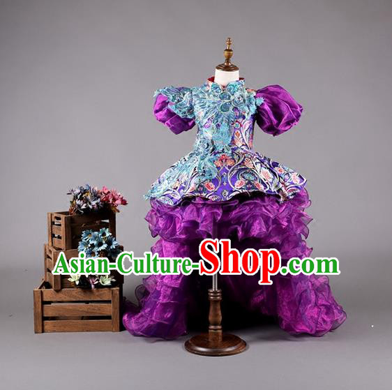 Top Grade Compere Professional Performance Catwalks Costume, China Tang Suit Cheongsam Children Chorus Formal Dress Modern Dance Baby Princess Modern Fancywork Long Trailing Dress for Girls Kids