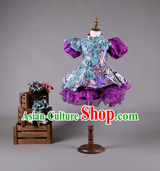 Top Grade Compere Professional Performance Catwalks Costume, China Tang Suit Cheongsam Children Chorus Formal Dress Modern Dance Baby Princess Modern Fancywork Bubble Dress for Girls Kids