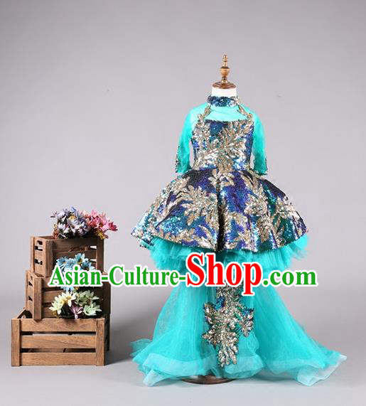 Top Grade Compere Professional Performance Catwalks Costume, Children Chorus Wedding Blue Long Trailing Bubble Full Dress Modern Dance Baby Princess Modern Fancywork Ball Gown Dress for Girls