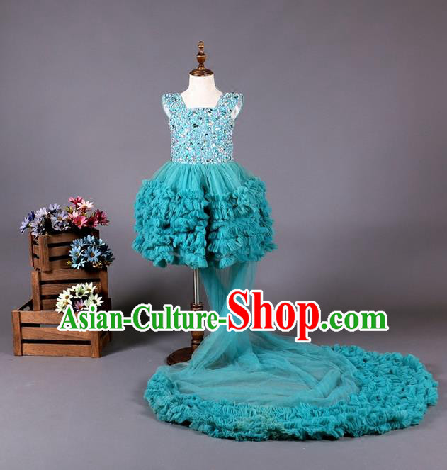 Top Grade Compere Professional Performance Catwalks Costume, Children Chorus Blue Long Trailing Wedding Bubble Full Dress Modern Dance Baby Princess Modern Fancywork Ball Gown Dress for Girls