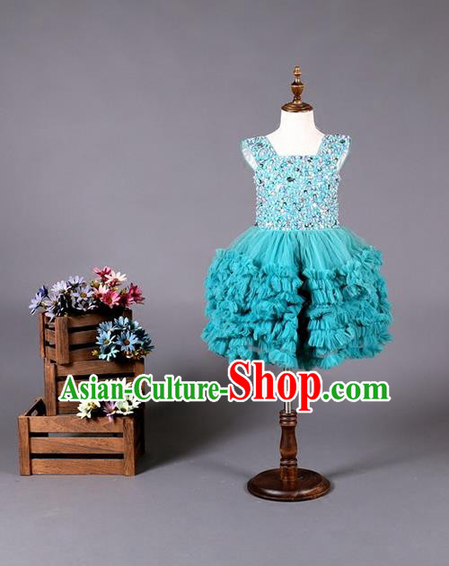 Top Grade Compere Professional Performance Catwalks Costume, Children Chorus Blue Wedding Bubble Full Dress Modern Dance Baby Princess Modern Fancywork Ball Gown Dress for Girls