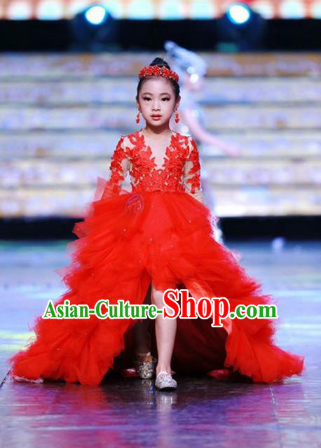 Top Grade Compere Professional Performance Catwalks Costume, China Tang Suit Cheongsam Children Chorus Red Wedding Bubble Full Dress Modern Dance Baby Princess Modern Fancywork Ball Gown Long Trailing Dress for Girls