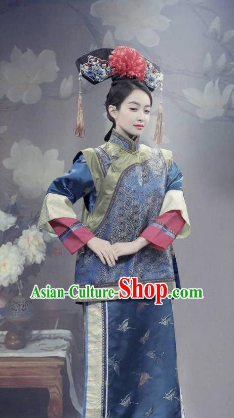 Traditional Ancient Chinese Qing Dynasty Princess Costume and Handmade Headpiece Complete Set, Chinese Manchu Princess Dress Imperial Consort Clothing for Women